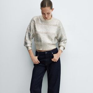 Mango MNG Iridescent Foil Sweater Open Work Coated Rainbow Long Sleeve Crop Sz S